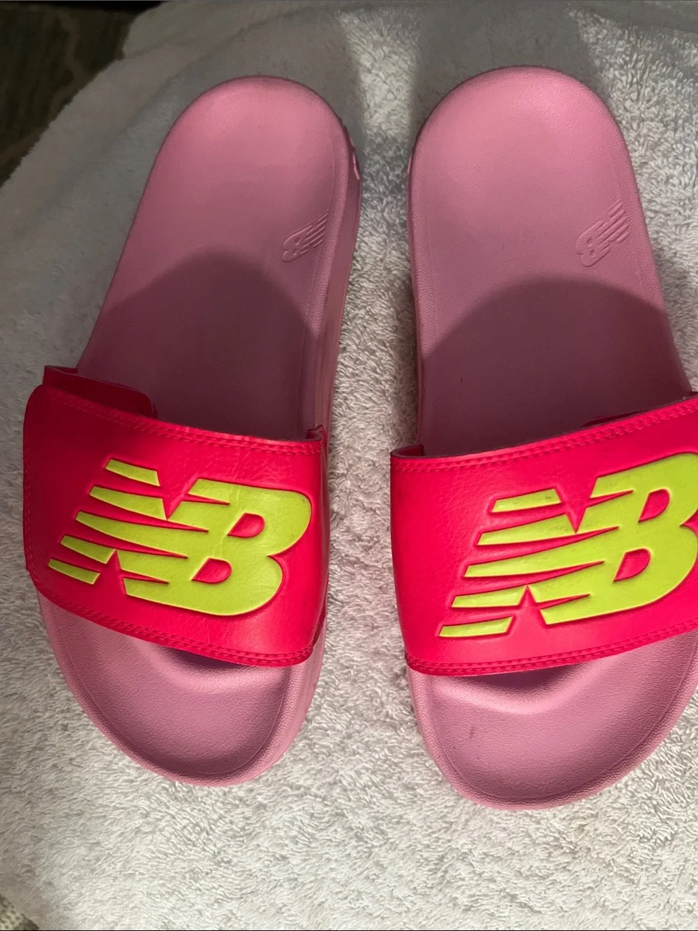 New Balance Pink Slides with Neon Yellow Logo - Kids